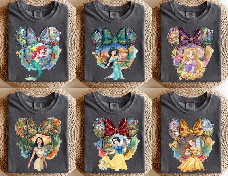 Disney Princess Shirt, Watercolor Minnie Ears Tee, Cinderella Elsa Belle Moana Tiana Mulan Shirt, Disneyland Trip Shirt, Princess Party Tee image 2