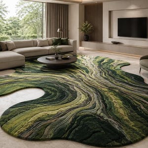 May include: An irregularly shaped area rug featuring a textured, layered design in various shades of green, ranging from deep forest to light olive, mimicking natural topographical contours with flowing, organic lines across its surface.