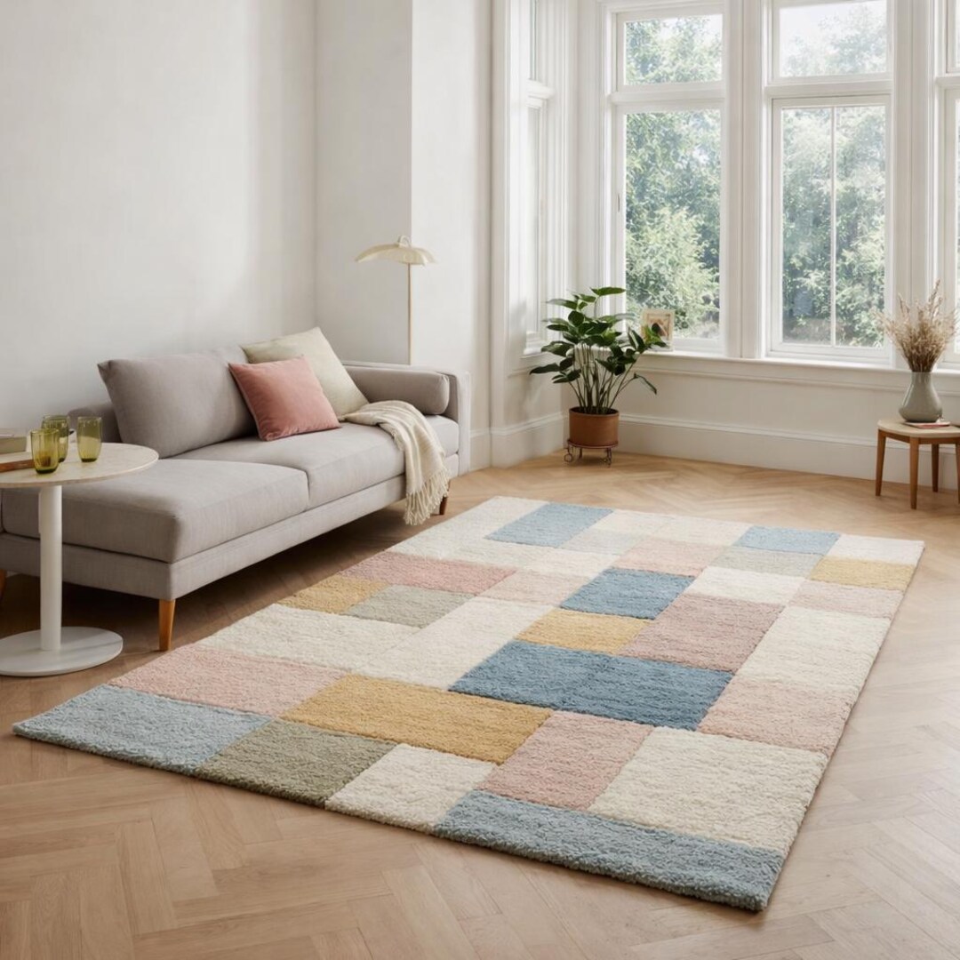 Hand-tufted Wool Area Rug | Pastel Color Block, Scandinavian Style for ...