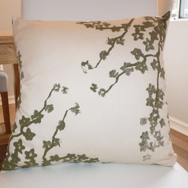 Oriental style screen-printed cherry blossom cushion cover