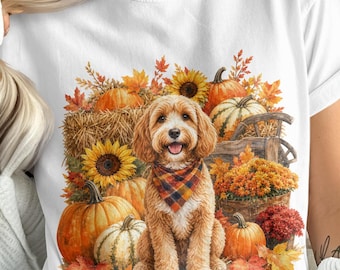 Goldendoodle Fall Harvest Digital PNG | Cute Dog Autumn Sublimation Design with Pumpkins Sunflowers & Leaves for Crafts