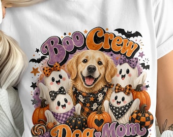 Golden Retriever Dog Mom Boo Crew PNG Halloween Ghosts Sublimation Design Spooky Cute Fall Pet Lover Digital Art Download