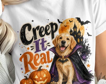 Creep It Real Golden Retriever Halloween Digital PNG | Spooky Dog Vampire Jack O' Lantern Sublimation Design | Autumn Fall Pet Lover Gift