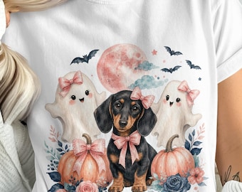 Dachshund Halloween Sublimation PNG, Cute Spooky Puppy & Ghost Digital Download, Pastel Fall Watercolor Wiener Dog Art