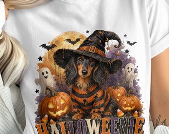 Halloweenie Dachshund PNG File, Witch Dog Sublimation Design, Wiener Dog Halloween Decor Digital Download, Spooky Pumpkin Clipart