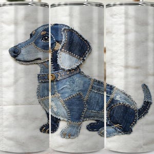 ダックスフンド柄タンブラーラップ、フェイクパッチワークデニム風犬柄PNG昇華プリント（デジタルダウンロード）