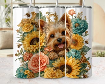 Yorkie Sunflower Tumbler Wrap PNG, Cute Dog & Bee Digital Download for 20oz Skinny Tumblers, Pet Lover Gift