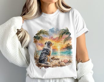 Australian Shepherd Sunset Digital Design, Beach Dog Watercolor PNG for Sublimation, Tropical Coastal Pet Art Commercial Use File