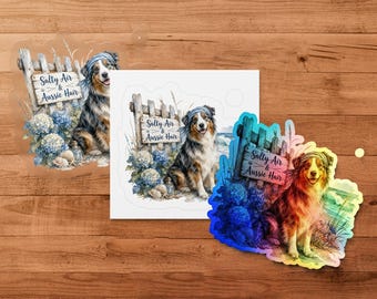 Australian Shepherd Salty Air Aussie Hair PNG Digital Design, Watercolor Beach Dog Sublimation, Coastal Pet Art & Hydrangeas Print File