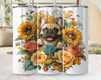 French Bulldog Sunflower Bee Tumbler Wrap PNG | Cute Frenchie Floral Dog Mom 20oz Skinny Tumbler Digital Design Instant Download for