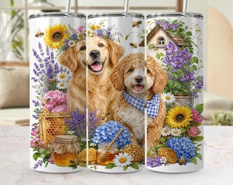 Golden Retriever Doodle Tumbler Wrap PNG, Dog Mom Cottagecore Floral Honey Bee 20oz Skinny Digital Design for Pet Lovers