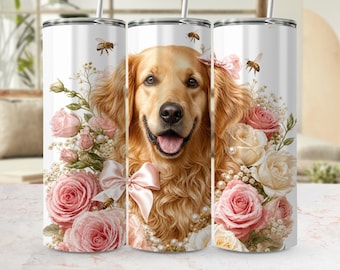 Golden Retriever Floral Tumbler Wrap PNG Digital Download | Dog Mom Gift | Pink Roses, Faux Pearls, Bees Sublimation Design