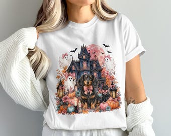 Whimsical Halloween Dachshund PNG, Haunted Mansion Pet Dog Cat Ghost, Pastel Spooky Autumn Art 4096 x 4096 PNG, Sublimation Digital Download