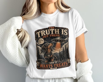 Dachshund UFO Sublimation Digital Download, Funny Dog Alien PNG, The Truth Is Out There Dachshund Art, Vintage Sci-Fi Pet Design, 4096 x