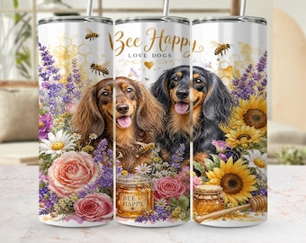 Adesivo per bicchiere termico con scritta "Dachshund Dog Mom" in formato PNG (download digitale) / Design per bicchiere termico sottile da 20 once con motivo floreale "Bee Happy", girasoli e lavanda per amanti degli animali.