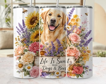 Golden Retriever Tumbler Wrap PNG Digital Download | Dog Mom Bee Lover Watercolor Floral Sublimation Design for 20oz Skinny Cup