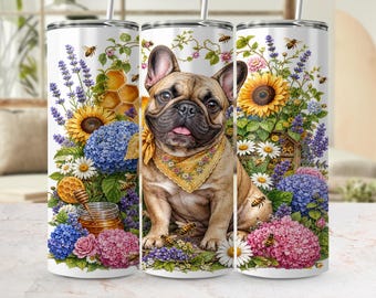 Immagine PNG di un simpatico bulldog francese da applicare sul bicchiere, design di un bicchiere sottile da 20 once con api e giardino floreale, download digitale in stile cottagecore per amanti dei cani francesi.