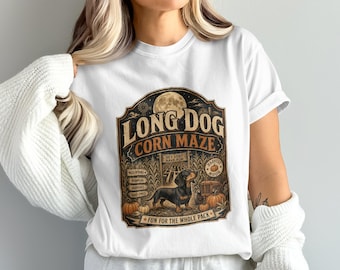 Labirinto di mais con bassotto PNG, design a sublimazione con luna del raccolto autunnale per amanti dei cani. Decorazione autunnale vintage da fattoria, cane lungo, download digitale 4096 x