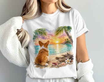 Corgis Strand Sonnenuntergang Aquarell PNG digitales Design, Hundeliebhaber Tropische Szene Sublimationsdruck, Sommer Haustier Kunst Kommerzielle Nutzung Datei