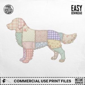Puede incluir: Silueta de perro de patchwork en colores pastel, incluyendo rosa, azul y amarillo. El perro está hecho de varios patrones de tela, como floral, lunares y cuadros. La imagen incluye el texto "PNG DIGITAL DESIGN" y "EASY DOWNLOAD".