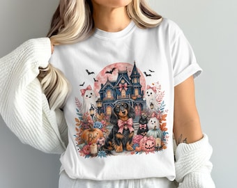 Carino bassotto di Halloween PNG Sublimazione Download Digitale, Casa Infestata Fantasmi Gatti Zucche Rosa Autunno Estetica Amante dei Cani Arte