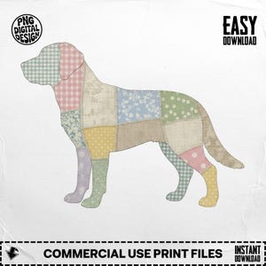 Può includere: Silhouette di cane patchwork con vari motivi pastello, tra cui quadretti, floreali e pois. La stampa digitale include il testo "PNG DIGITAL DESIGN" e "EASY DOWNLOAD". La parte inferiore dell'immagine recita "COMMERCIAL USE PRINT FILES".