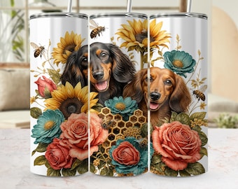 Immagine PNG digitale per la confezione del bicchiere termico con bassotto / Design floreale per bicchiere termico skinny da 20 oz con scritta "Dog Mama" / Regalo per amanti dei cani con girasoli, rose e api