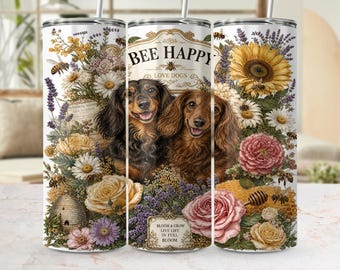 Adesivo per bicchiere bassotto PNG download digitale / Design per bicchiere sottile da 20 oz con motivo floreale cottagecore e ape felice e amore per i cani, ideale per le mamme di cani