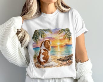 Cavalier King Charles Spaniel Beach Sunset Watercolor Digital PNG, Dog Lover Art Print, Tropical Dog Mom Gift, Instant Download File