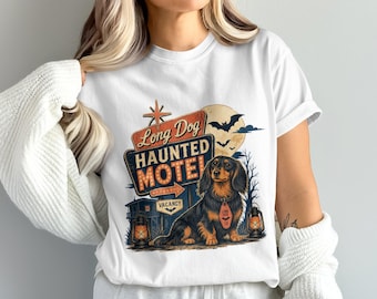 Long-Haired Dachshund Halloween PNG Sublimation Digital Download Spooky Dog Art Vintage Haunted Motel Design Dog Lover Gift Retro Pet