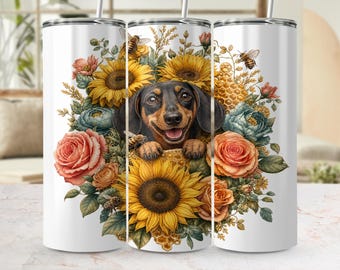 Immagine PNG di un bicchiere termico con girasoli e bassotto, download digitale di un bicchiere termico skinny da 20 once con scritta "Floral Dog Mom", design per sublimazione "Bee Rose Cottagecore Pet Lover" con ape e rosa.