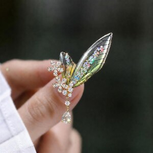 Gradient Iridescent Butterfly Wing Brooch, Crystal Flower Jewelry, Fairy Inspired Statement Pin image 7