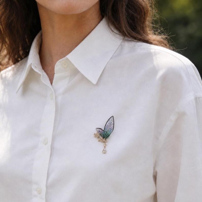 Gradient Iridescent Butterfly Wing Brooch, Crystal Flower Jewelry, Fairy Inspired Statement Pin image 3