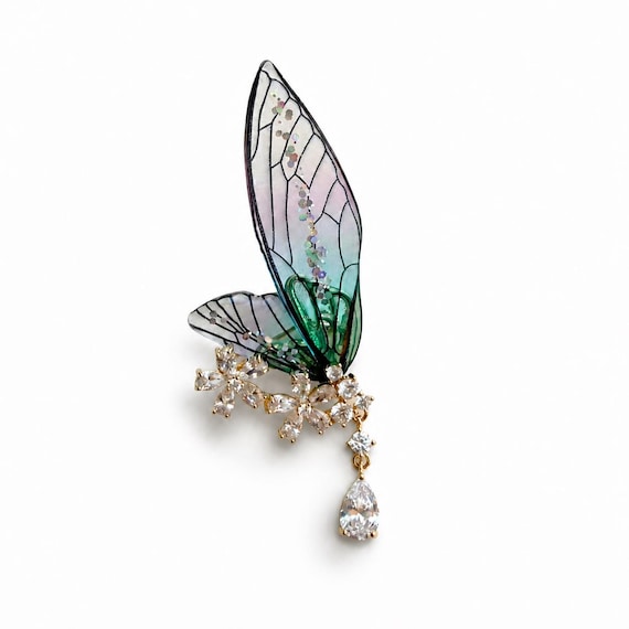Gradient Iridescent Butterfly Wing Brooch, Crystal Flower Jewelry, Fairy Inspired Statement Pin