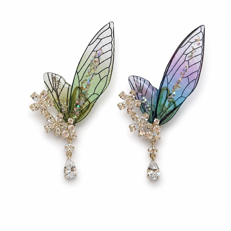 Gradient Iridescent Butterfly Wing Brooch, Crystal Flower Jewelry, Fairy Inspired Statement Pin image 2