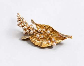 Vintage Gold Leaf Pearl Brooch, 18K Plated Brass Floral Statement Jewelry
