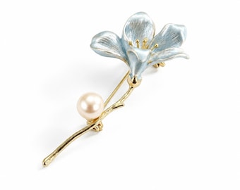 Enamel Lily Flower Pearl Brooch Pendant, 18K Gold Plated Brass Floral Jewelry