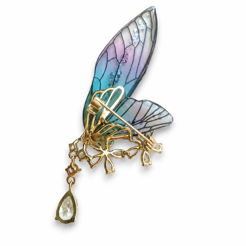 Gradient Iridescent Butterfly Wing Brooch, Crystal Flower Jewelry, Fairy Inspired Statement Pin image 8
