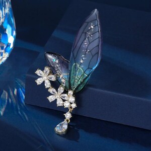 Gradient Iridescent Butterfly Wing Brooch, Crystal Flower Jewelry, Fairy Inspired Statement Pin image 4