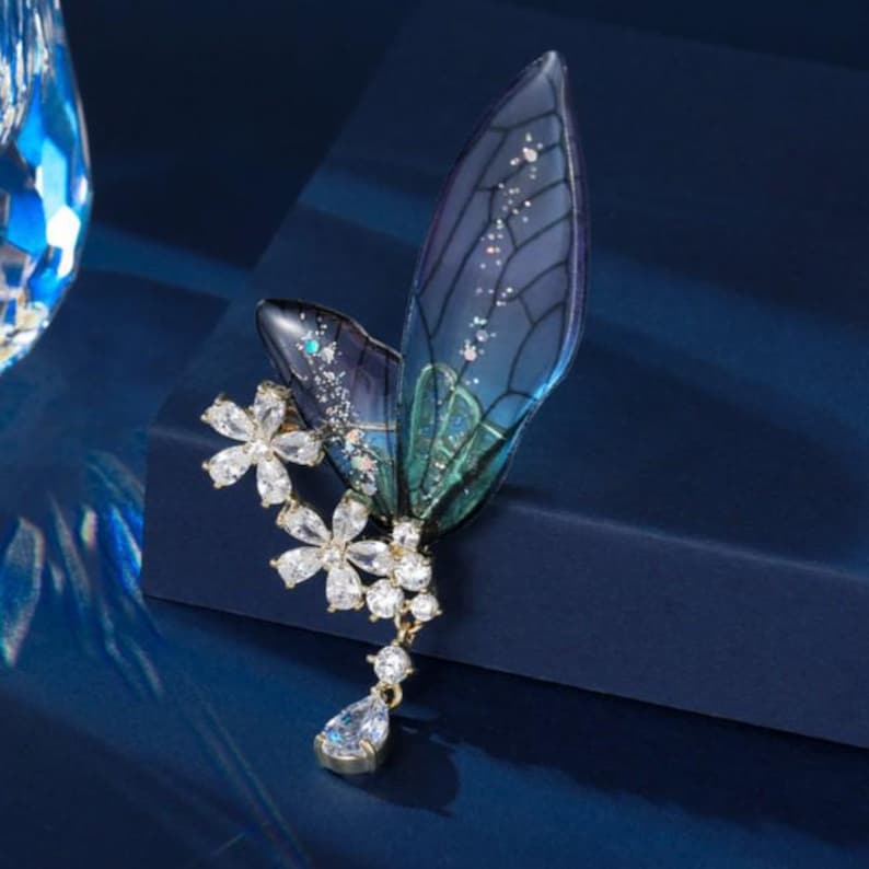 Gradient Iridescent Butterfly Wing Brooch, Crystal Flower Jewelry, Fairy Inspired Statement Pin image 4