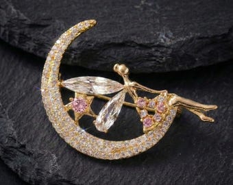 Gold Plated Ballerina Moon Brooch, Sparkling CZ Crescent Jewelry, Ballet Dancer Pin