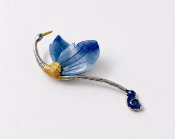 Blue Heron Brooch, Natural Stone Wings,  Enamel Bird Pin