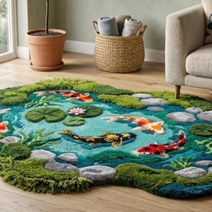May include: A round rug depicting a koi pond scene. The rug features a turquoise pond with koi fish in shades of orange, red, and black. Green lily pads and mossy edges frame the pond, creating a nature-inspired design.