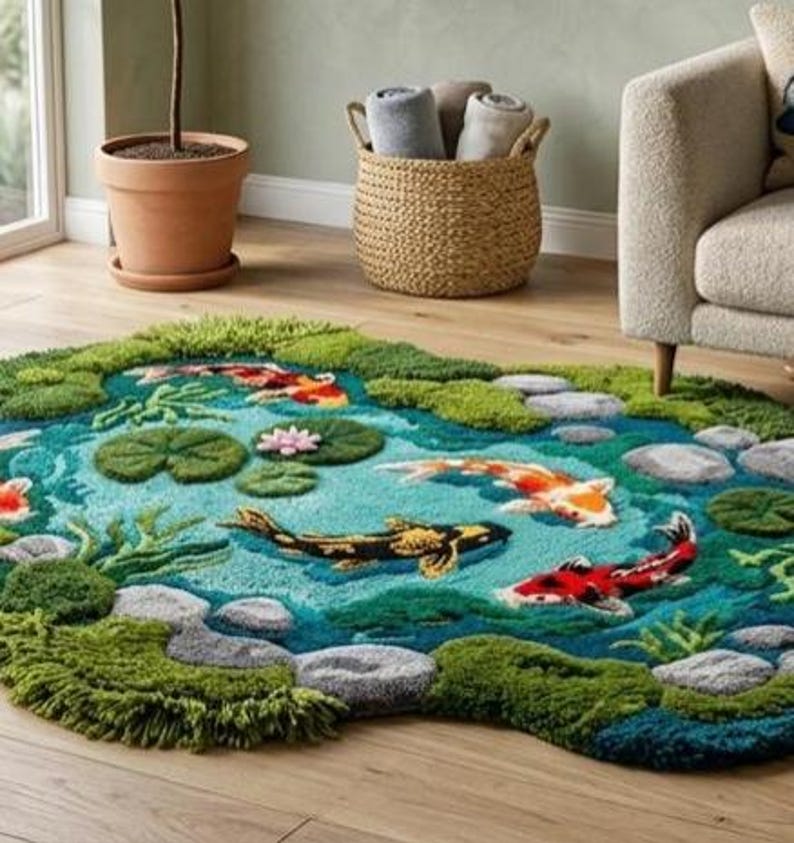 May include: A round rug depicting a koi pond scene. The rug features a turquoise pond with koi fish in shades of orange, red, and black. Green lily pads and mossy edges frame the pond, creating a nature-inspired design.