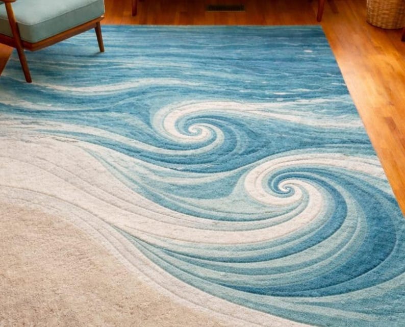 Coastal Ocean Wave Area Rug | Hand Tufted Blue & Sand Wool Carpet - Etsy