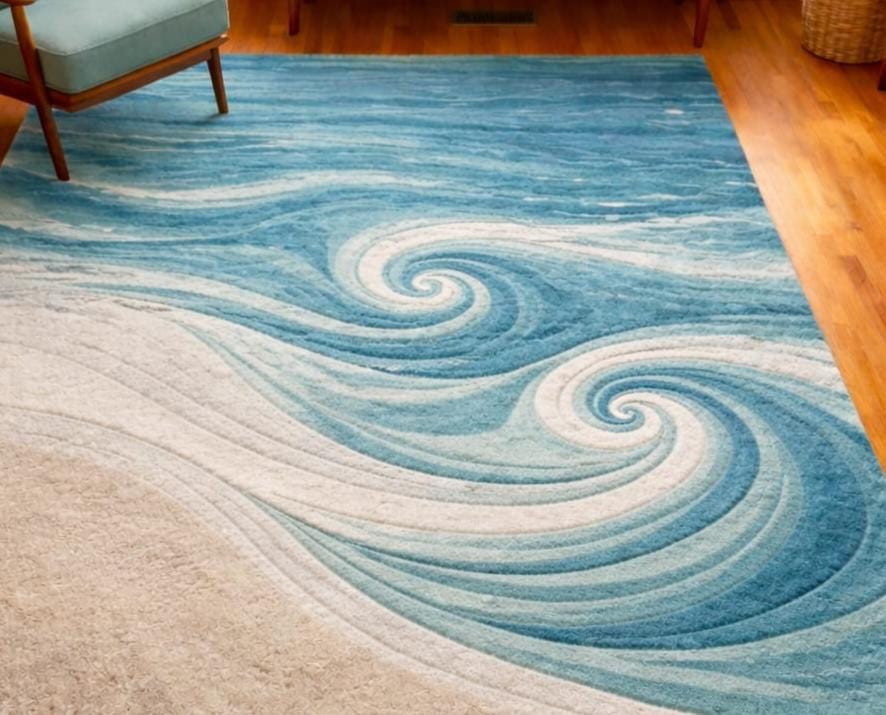 Coastal Ocean Wave Area Rug | Hand Tufted Blue & Sand Wool Carpet - Etsy