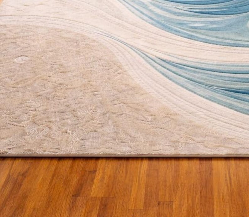 Coastal Ocean Wave Area Rug | Hand Tufted Blue & Sand Wool Carpet - Etsy