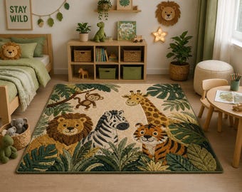 Safari Kids Room Rug, Jungle Animal Nursery Carpet,Lion Zebra Giraffe Tiger Rug, Playroom