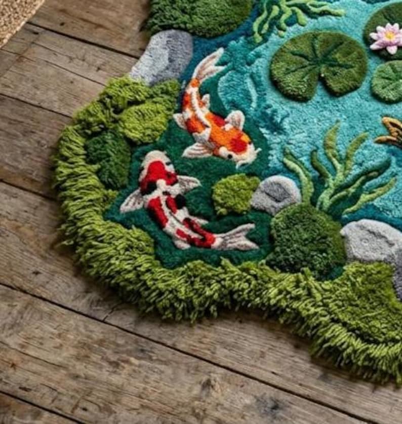 May include: A hand-tufted rug depicting a pond scene with two koi fish, lily pads, and aquatic plants. The rug features a teal blue pond with green and gray accents, and the koi fish are red, white, and orange. The rug is placed on a wooden floor.