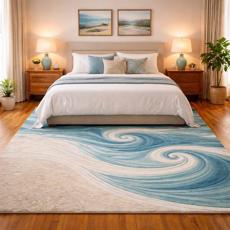 Coastal Ocean Wave Area Rug | Hand Tufted Blue & Sand Wool Carpet - Etsy